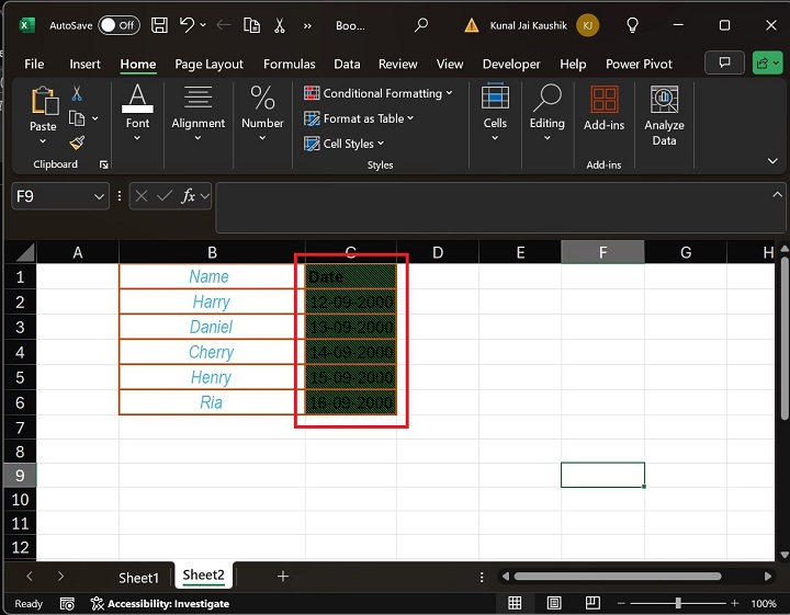 Fill Tab in Excel 2